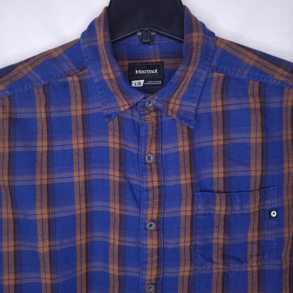 Marmot Flannel Shirt Mens Large Plaid Blue, Brown Outdoor